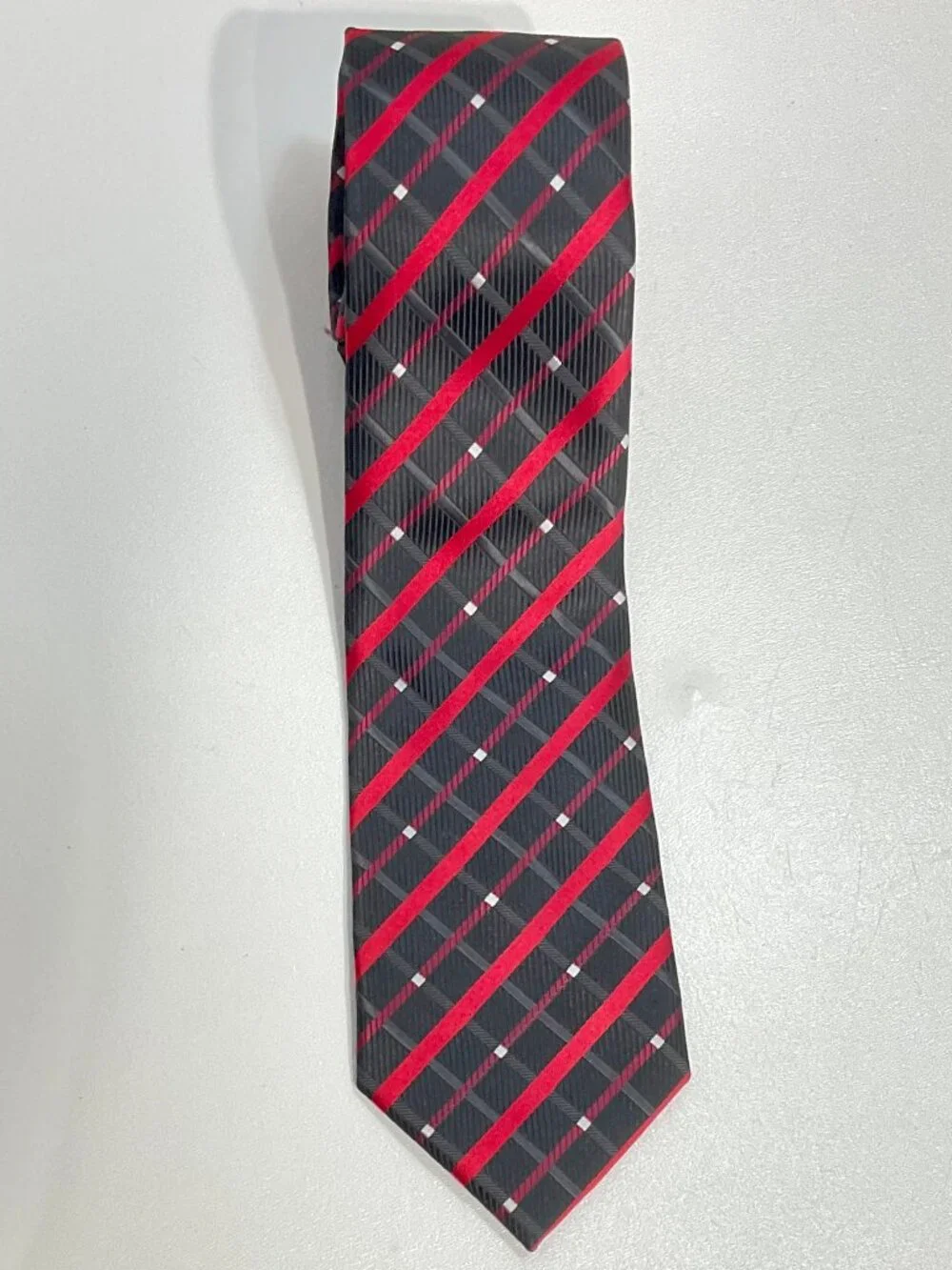 Bill Robinson Mens Tie Black Red White Plaid